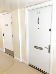 Steel-insulated Gerda contemporary fire door in a residential block.