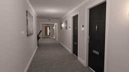 A fire door in a commercial building corridor, marking a fire escape route for safety.&quot;